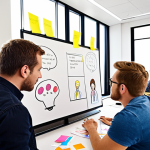A diverse design team brainstorming creative ideas in a bright, modern office. Focus on collaboration, open communication, and idea sharing. Include elements like whiteboards with sketches, sticky notes, and team members actively listening to each other.