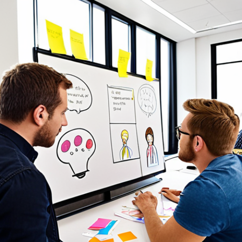 Home 4 A diverse design team brainstorming creative ideas in a bright, modern office. Focus on collaboration, open communication, and idea sharing. Include elements like whiteboards with sketches, sticky notes, and team members actively listening to each other.