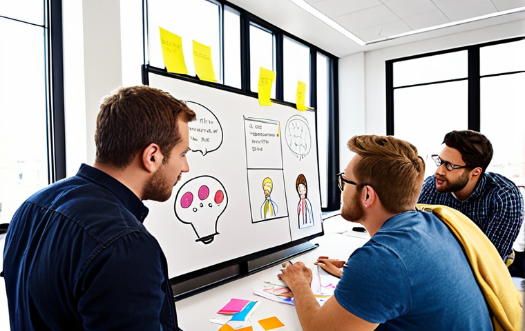 A diverse design team brainstorming creative ideas in a bright, modern office. Focus on collaboration, open communication, and idea sharing. Include elements like whiteboards with sketches, sticky notes, and team members actively listening to each other.